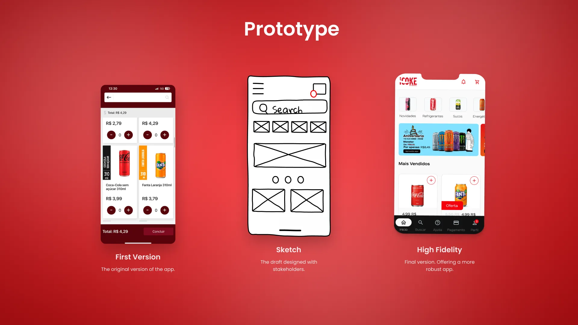 Three versions side by side: the original app, a hand-drawn sketch made with stakeholders, and the final high-fidelity design