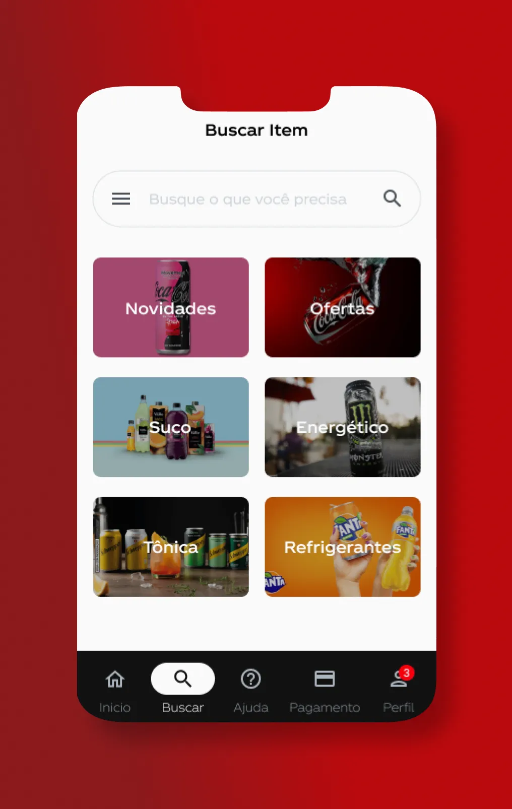 Search screen with product categories such as soft drinks, juices and offers