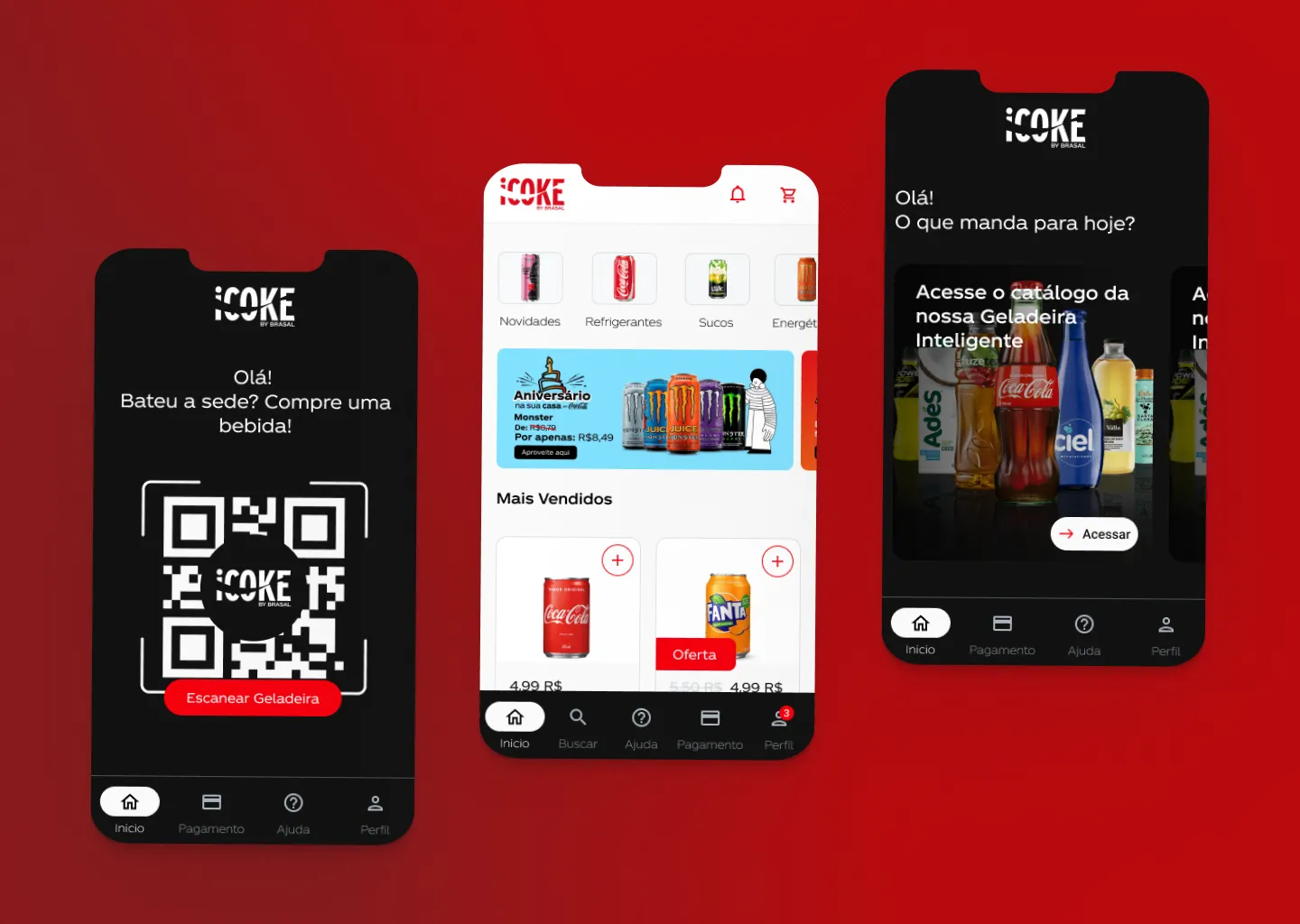 Screens of the new app, including the QR code that unlocks the fridge and the product catalog